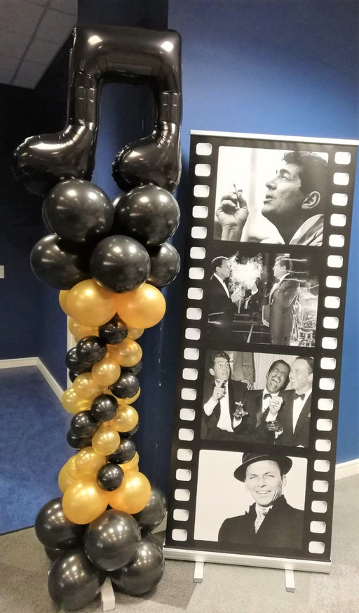 Spiral Column with Foil Balloon Topper Black & Gold Musical Theme - The Ultimate Balloon & Party Shop