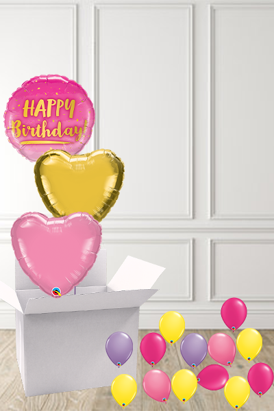 3 Pink & Gold Happy Birthday foils  in a Box delivered Nationwide - The Ultimate Balloon & Party Shop