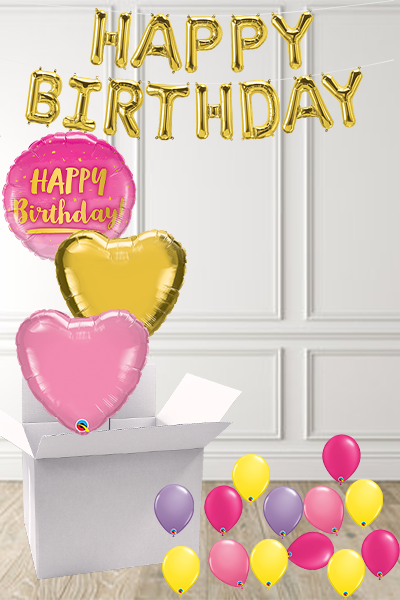 3 Pink & Gold Happy Birthday foils  in a Box delivered Nationwide - The Ultimate Balloon & Party Shop