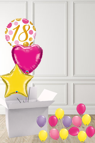 Dotty Pink & Gold 18th Birthday foils in a Box delivered Nationwide - The Ultimate Balloon & Party Shop