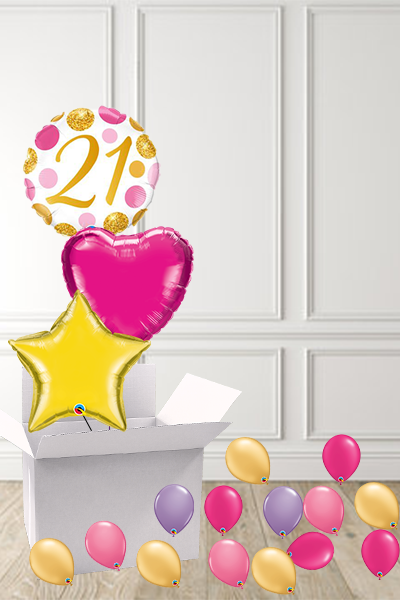Dotty Pink & Gold 21st Birthday foils in a Box delivered Nationwide - The Ultimate Balloon & Party Shop