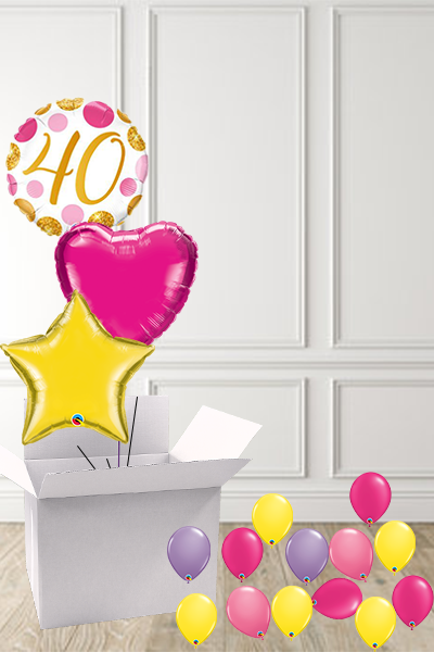 Dotty Pink & Gold 40th Birthday foils in a Box delivered Nationwide - The Ultimate Balloon & Party Shop