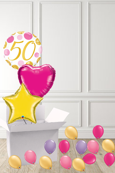 Dotty Pink & Gold 50th Birthday foils in a Box delivered Nationwide - The Ultimate Balloon & Party Shop