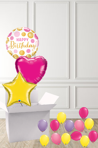 Dotty Pink & Gold Birthday foils in a Box delivered Nationwide - The Ultimate Balloon & Party Shop