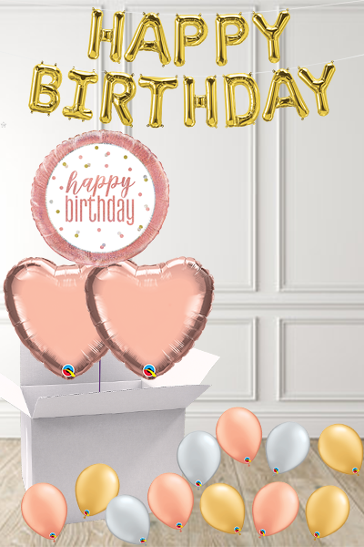 Rose Gold Happy Birthday foils  in a Box delivered Nationwide - The Ultimate Balloon & Party Shop