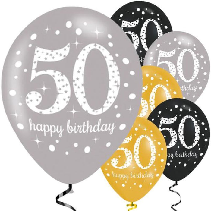 Age 50 Birthday Asst Colour Balloons 6 Pack - The Ultimate Balloon & Party Shop