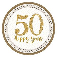 Round 50th Anniversary Plates - White & Gold - The Ultimate Balloon & Party Shop