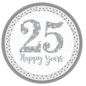Round 25th Anniversary Plates - White & Silver - The Ultimate Balloon & Party Shop