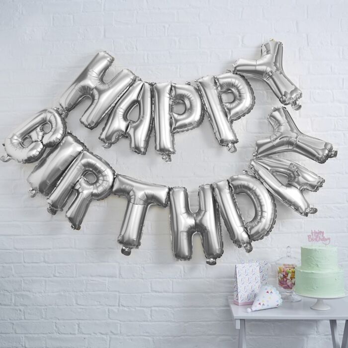 Happy Birthday Balloon Banner in Silver - The Ultimate Balloon & Party Shop